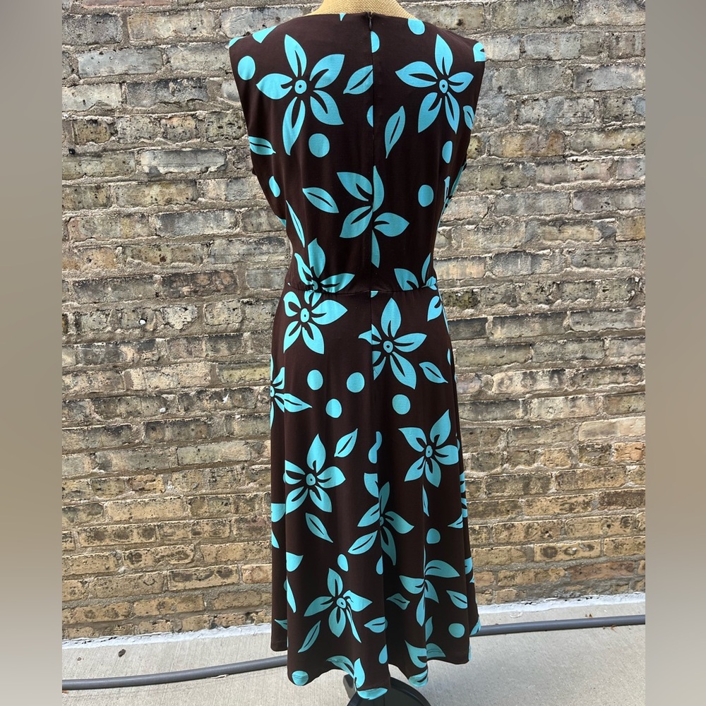 Jessica Howard Ruched Midi Dress Hawaiian Print Floral Chocolate Blue Size 12 - Picture 6 of 10